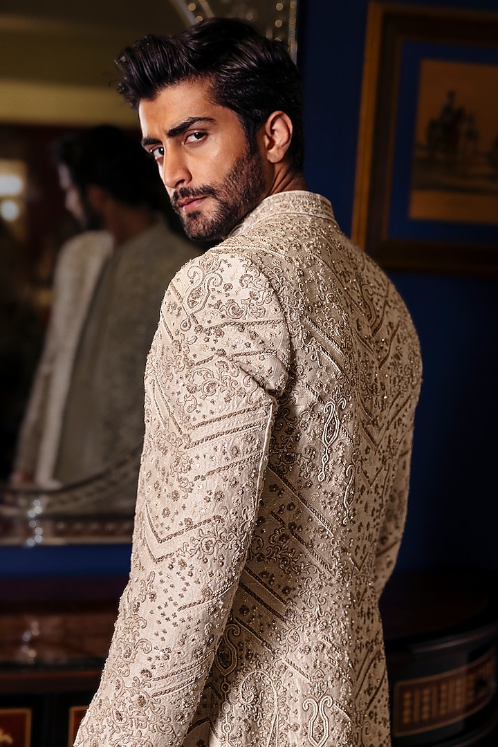 Frosted Mint Raw Silk Hand Embroidered Groom Sherwani Set by Dolly J MAN at Pernia's Pop Up Shop