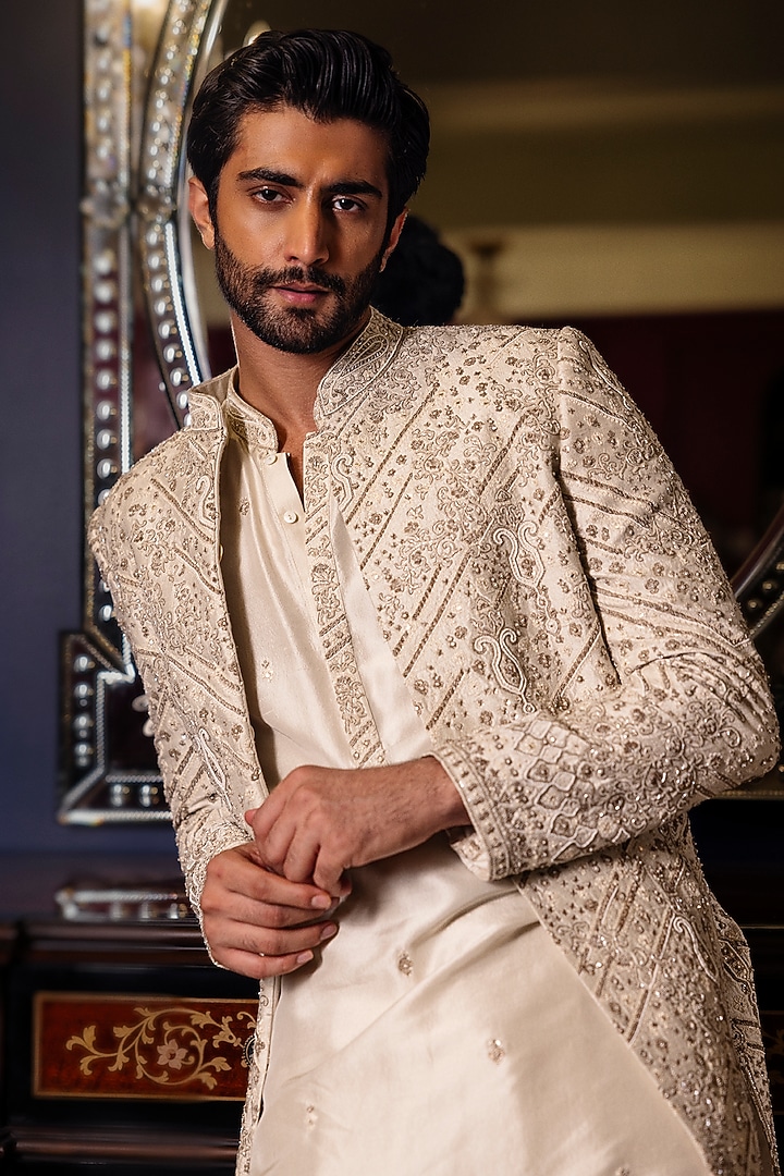 Frosted Mint Raw Silk Hand Embroidered Groom Sherwani Set by Dolly J MAN at Pernia's Pop Up Shop