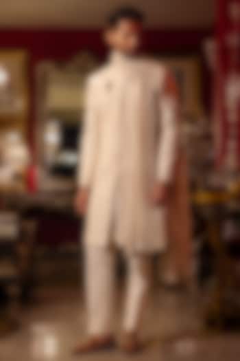 Egg White Raw Silk Hand Embroidered Groom Sherwani Set by Dolly J MAN at Pernia's Pop Up Shop