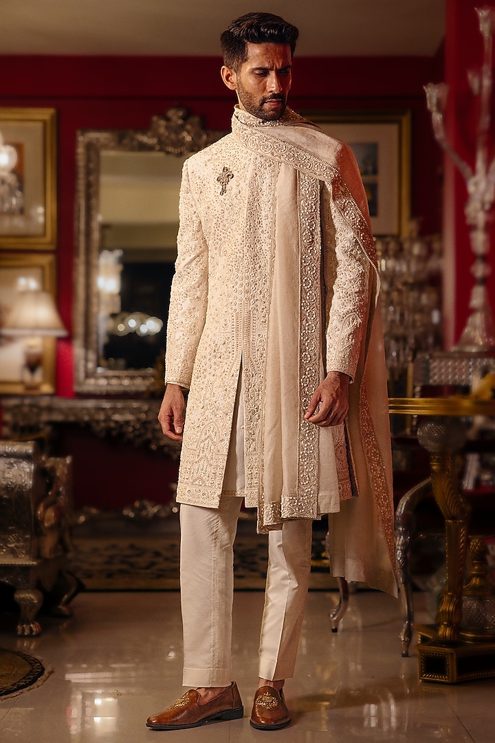 Egg White Raw Silk Hand Embroidered Groom Sherwani Set by Dolly J MAN at Pernia's Pop Up Shop