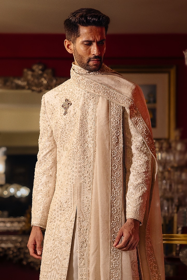 Egg White Raw Silk Hand Embroidered Groom Sherwani Set by Dolly J MAN at Pernia's Pop Up Shop