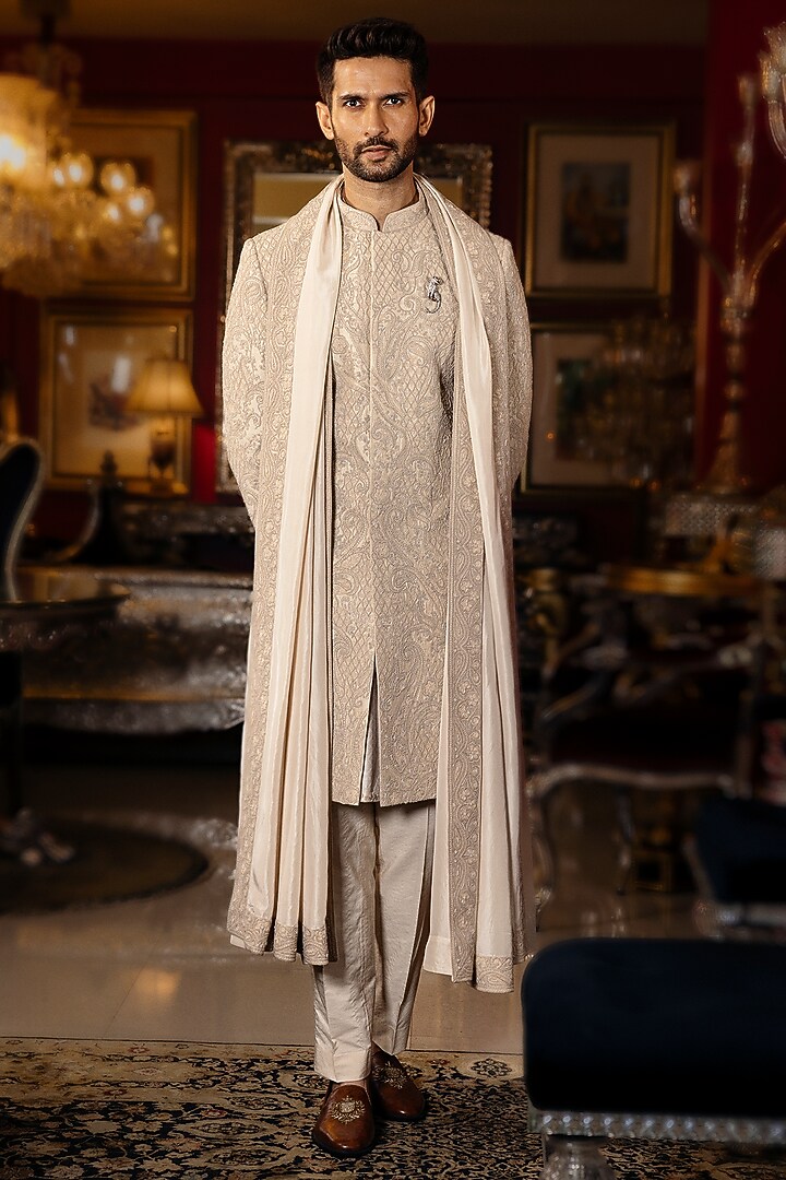 Pearl Ivory Raw Silk Hand Embroidered Groom Sherwani Set by Dolly J MAN at Pernia's Pop Up Shop
