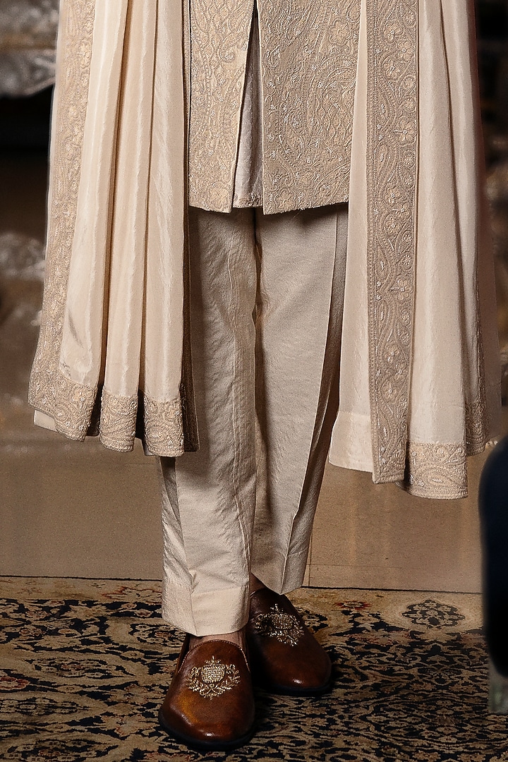 Pearl Ivory Raw Silk Hand Embroidered Groom Sherwani Set by Dolly J MAN at Pernia's Pop Up Shop