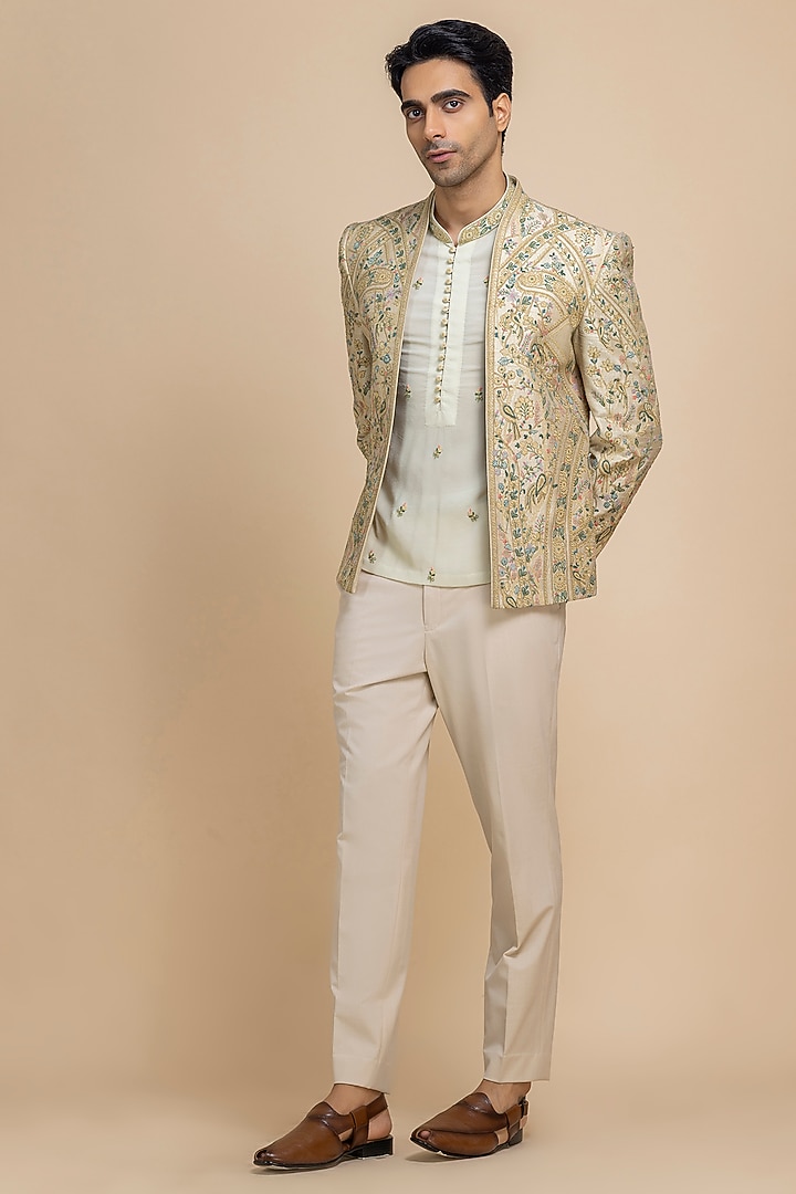 Pistachio Green Raw Silk Hand Embroidered Short Open Jacket Set by Dolly J MAN at Pernia's Pop Up Shop