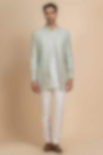 Lime Raw Silk Hand Embroidered Open Jacket Set by Dolly J MAN at Pernia's Pop Up Shop