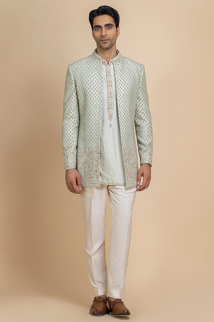 Lime Raw Silk Hand Embroidered Open Jacket Set by Dolly J MAN at Pernia's Pop Up Shop