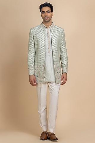 Lime Raw Silk Hand Embroidered Open Jacket Set by Dolly J MAN