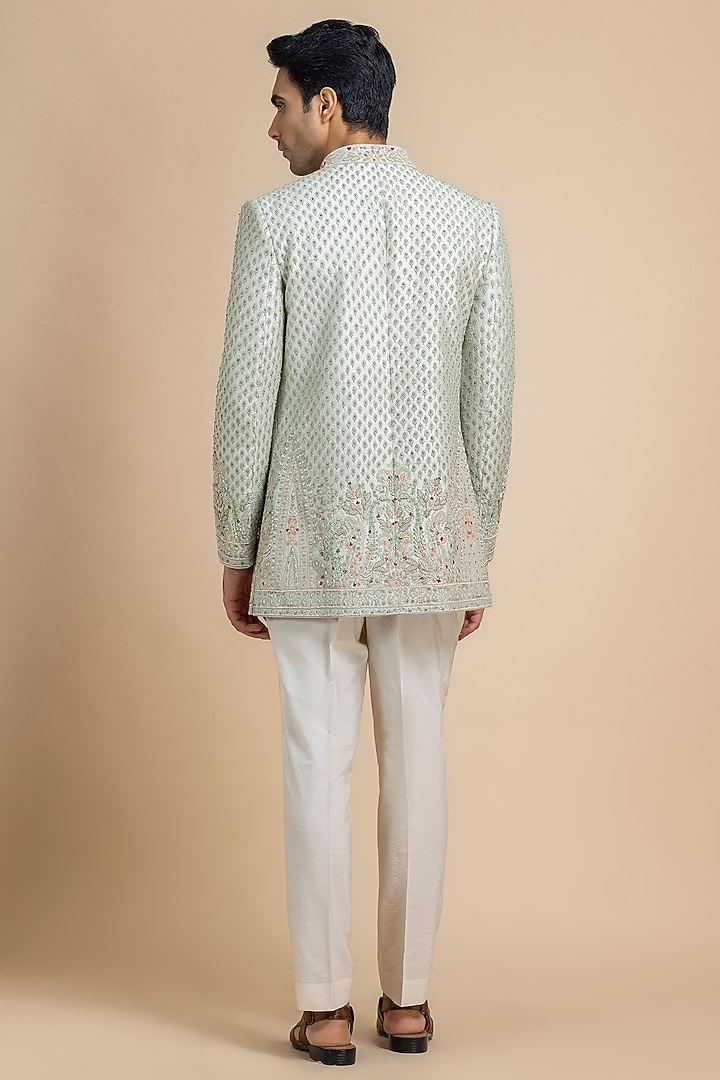 Lime Raw Silk Hand Embroidered Open Jacket Set by Dolly J MAN at Pernia's Pop Up Shop