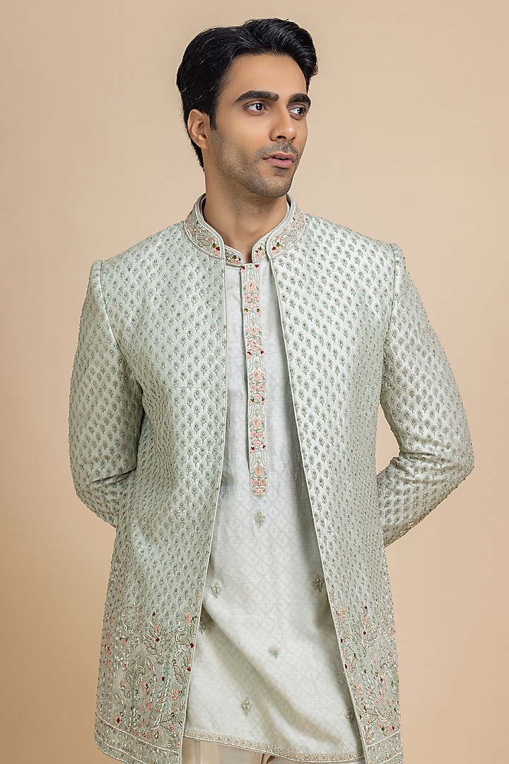 Lime Raw Silk Hand Embroidered Open Jacket Set by Dolly J MAN at Pernia's Pop Up Shop