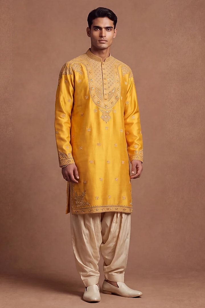 Mustard Dupion Silk Kurta Set by Dolly J MAN at Pernia's Pop Up Shop