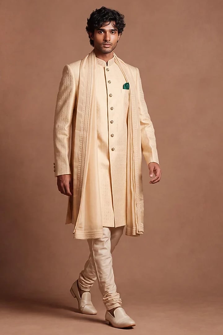 Ivory Silk Woven Groom Sherwani Set by Dolly J MAN at Pernia's Pop Up Shop
