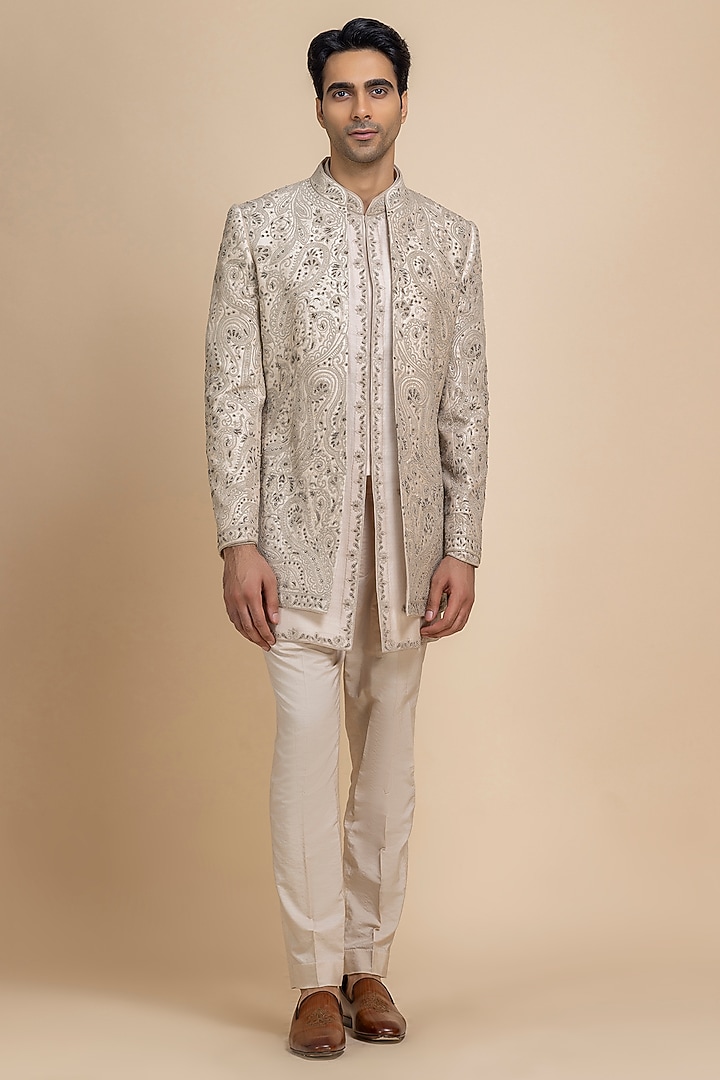 Ivory Raw Silk Hand Embroidered Open Jacket Set by Dolly J MAN at Pernia's Pop Up Shop