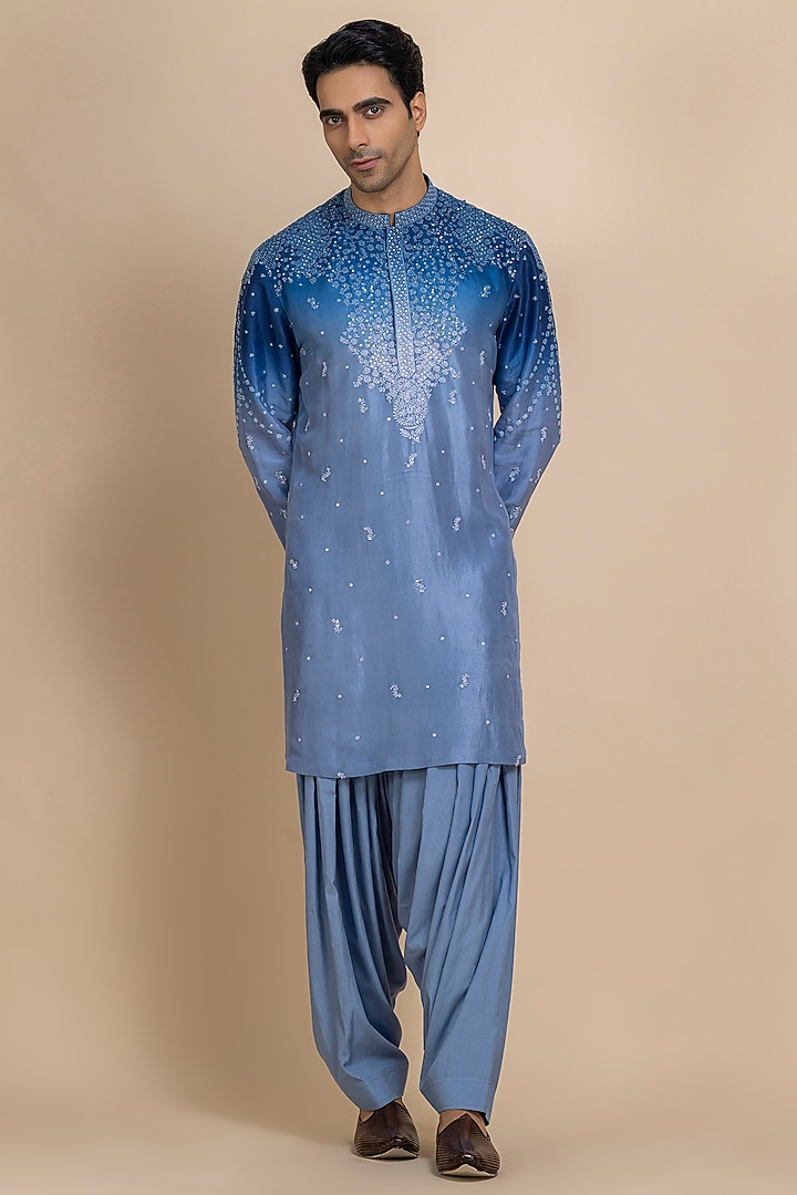 Blue Ombre Silk Hand Embroidered Kurta Set by Dolly J MAN at Pernia's Pop Up Shop