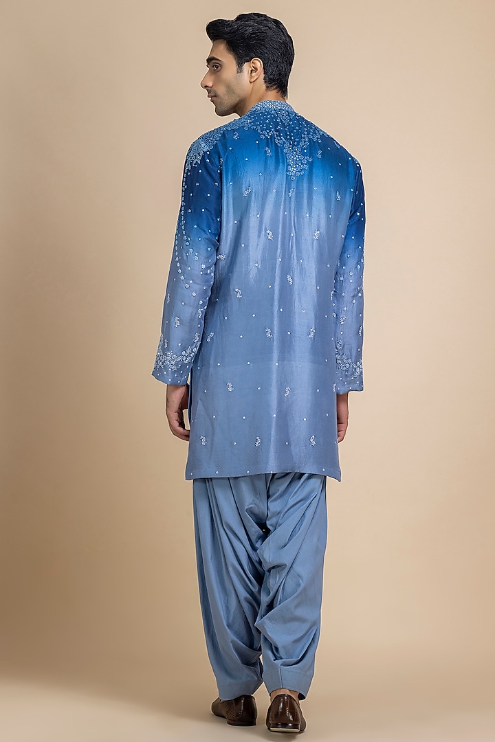Blue Ombre Silk Hand Embroidered Kurta Set by Dolly J MAN at Pernia's Pop Up Shop
