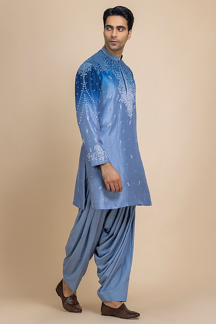 Blue Ombre Silk Hand Embroidered Kurta Set by Dolly J MAN at Pernia's Pop Up Shop