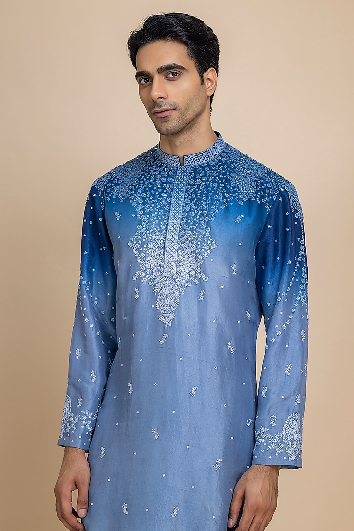 Blue Ombre Silk Hand Embroidered Kurta Set by Dolly J MAN at Pernia's Pop Up Shop
