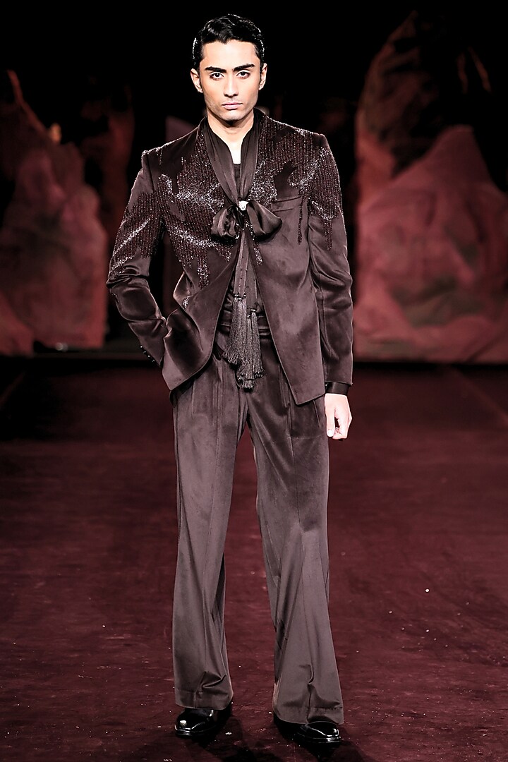 Mocha Velvet Hand Embroidered Open Jacket Set by Dolly J MAN at Pernia's Pop Up Shop