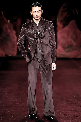 Mocha Velvet Hand Embroidered Open Jacket Set by Dolly J MAN