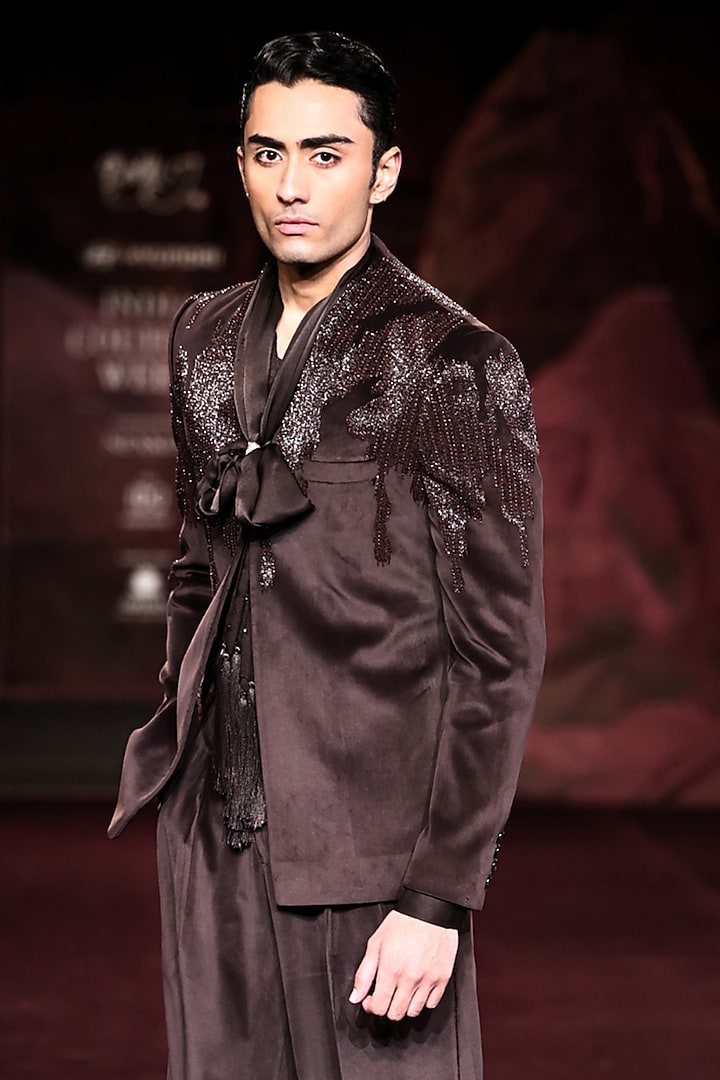 Mocha Velvet Hand Embroidered Open Jacket Set by Dolly J MAN at Pernia's Pop Up Shop