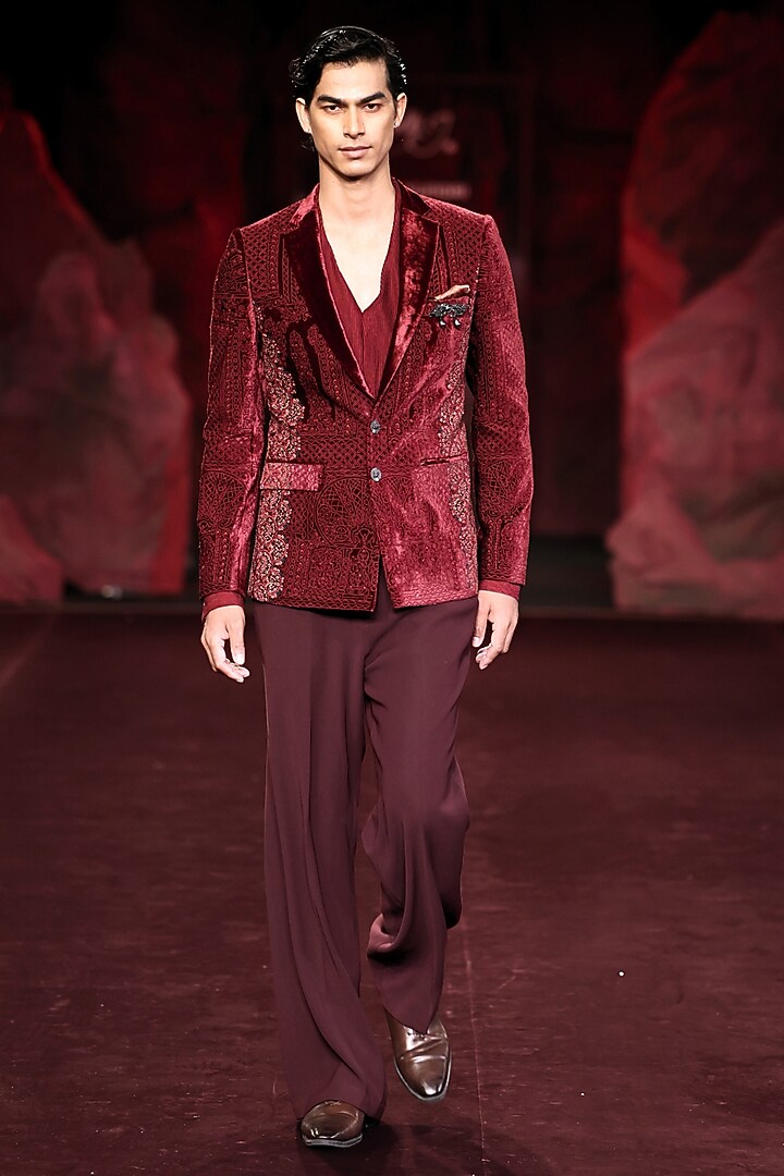Garnet Wine Velvet Dori Embroidered Jacket Set by Dolly J MAN at Pernia's Pop Up Shop