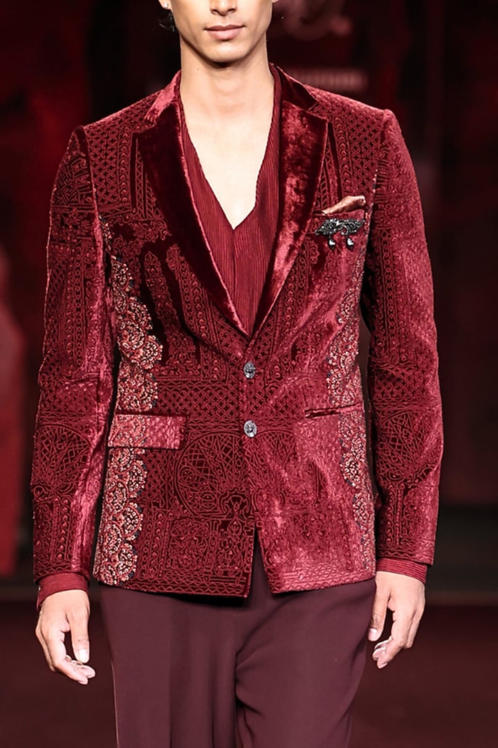 Garnet Wine Velvet Dori Embroidered Jacket Set by Dolly J MAN at Pernia's Pop Up Shop