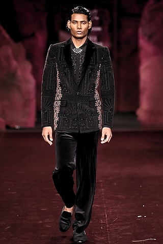 Noir-Color Velvet Kashida Embroidered Jacket Set by Dolly J MAN