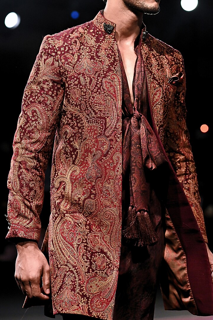 Garnet Wine Handloom Raw Silk Embroidered Open Groom Sherwani Set by Dolly J MAN at Pernia's Pop Up Shop