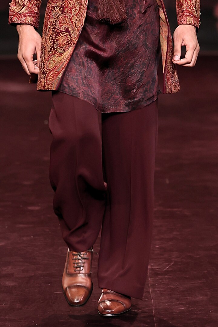 Garnet Wine Handloom Raw Silk Embroidered Open Groom Sherwani Set by Dolly J MAN at Pernia's Pop Up Shop