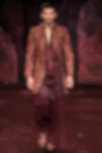 Garnet Wine Handloom Raw Silk Embroidered Open Groom Sherwani Set by Dolly J MAN at Pernia's Pop Up Shop