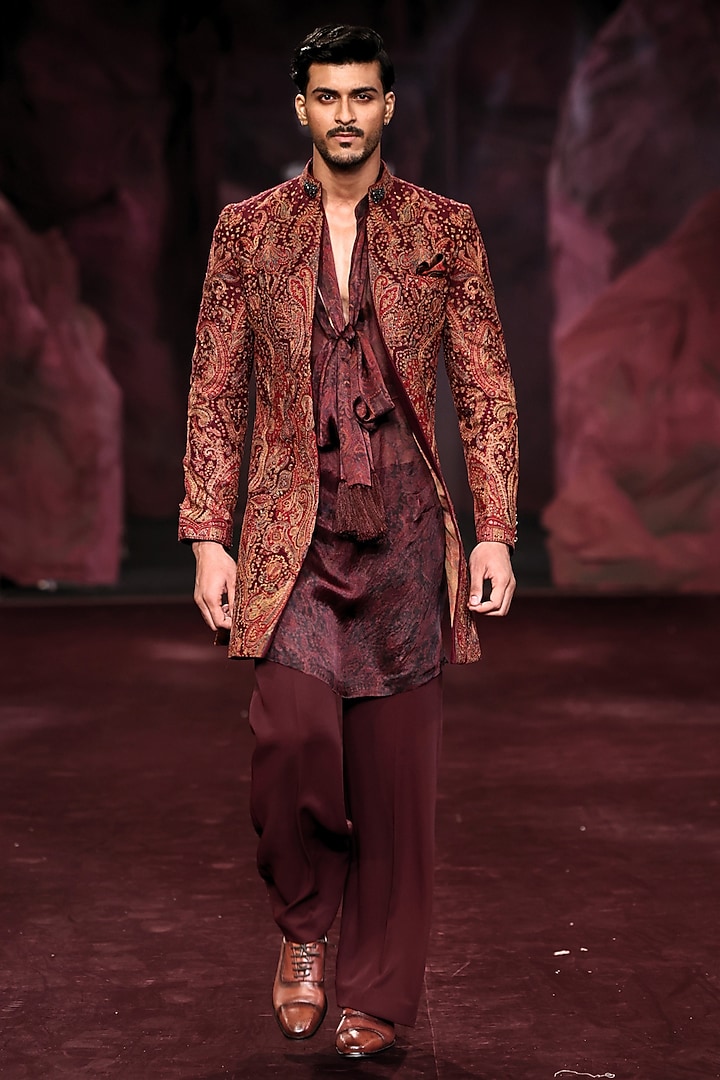 Garnet Wine Handloom Raw Silk Embroidered Open Groom Sherwani Set by Dolly J MAN at Pernia's Pop Up Shop