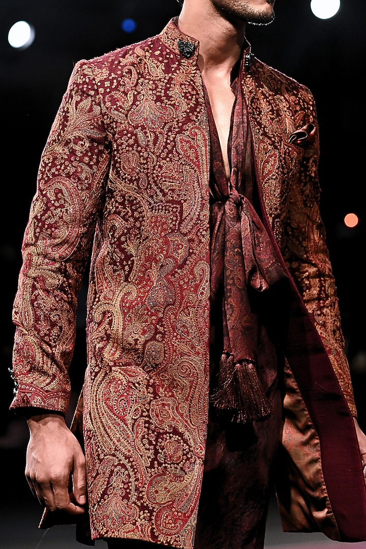 Garnet Wine Handloom Raw Silk Embroidered Open Groom Sherwani Set by Dolly J MAN at Pernia's Pop Up Shop