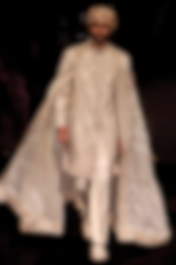 Ivory Handloom Raw Silk Pearl Embellished Groom Sherwani Set by Dolly J MAN at Pernia's Pop Up Shop