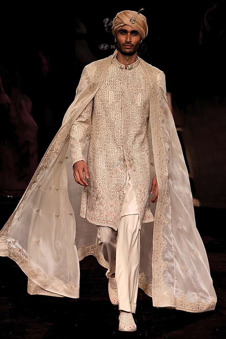 Ivory Handloom Raw Silk Pearl Embellished Groom Sherwani Set by Dolly J MAN at Pernia's Pop Up Shop