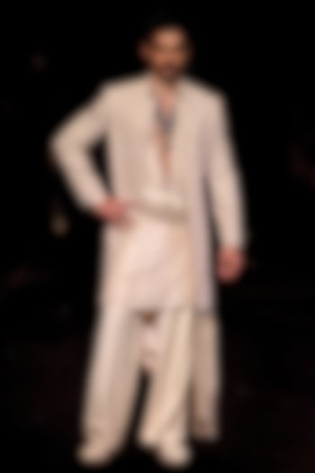 Ivory Handloom Raw Silk Pearl Embellished Open Groom Sherwani Set by Dolly J MAN at Pernia's Pop Up Shop