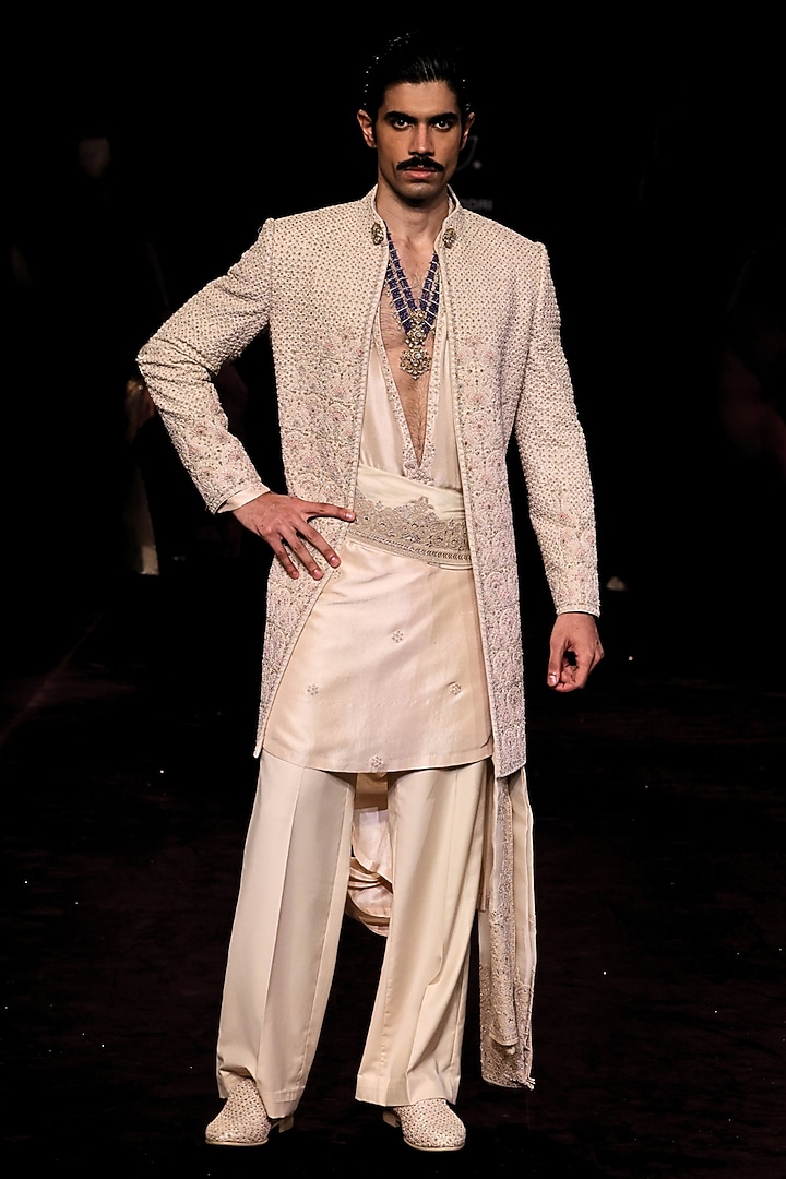 Ivory Handloom Raw Silk Pearl Embellished Open Groom Sherwani Set by Dolly J MAN at Pernia's Pop Up Shop