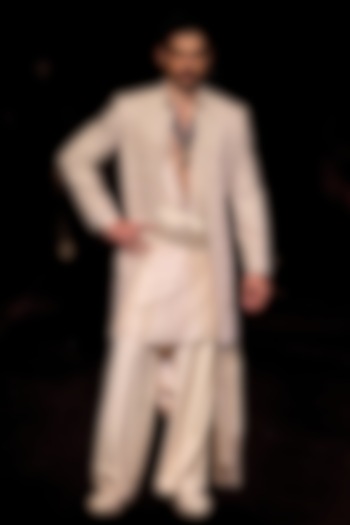 Ivory Handloom Raw Silk Pearl Embellished Open Groom Sherwani Set by Dolly J MAN at Pernia's Pop Up Shop