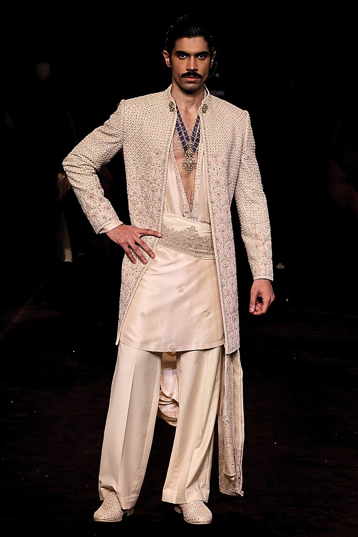 Ivory Handloom Raw Silk Pearl Embellished Open Groom Sherwani Set by Dolly J MAN at Pernia's Pop Up Shop
