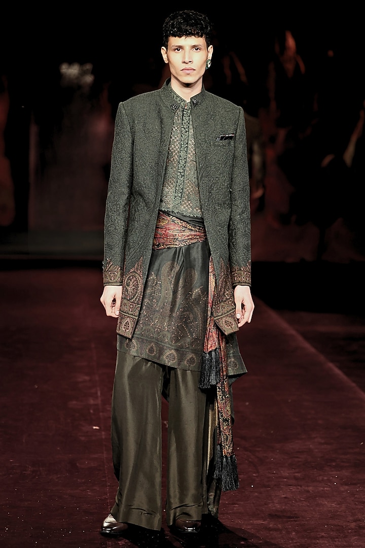 Pewter Green Handloom Raw Silk Embroidered Open Groom Sherwani Set by Dolly J MAN at Pernia's Pop Up Shop