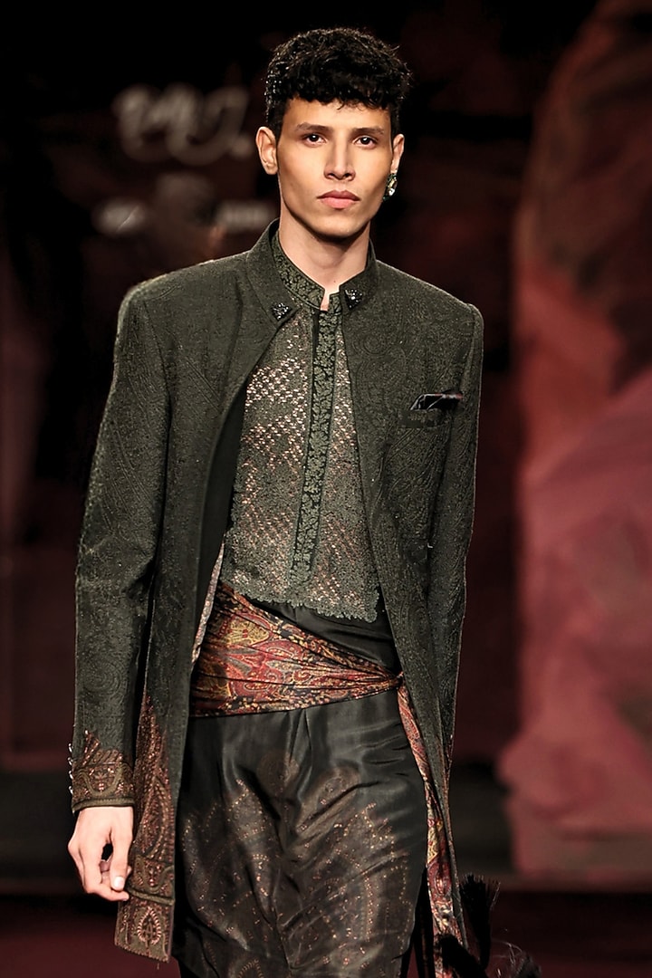 Pewter Green Handloom Raw Silk Embroidered Open Groom Sherwani Set by Dolly J MAN at Pernia's Pop Up Shop