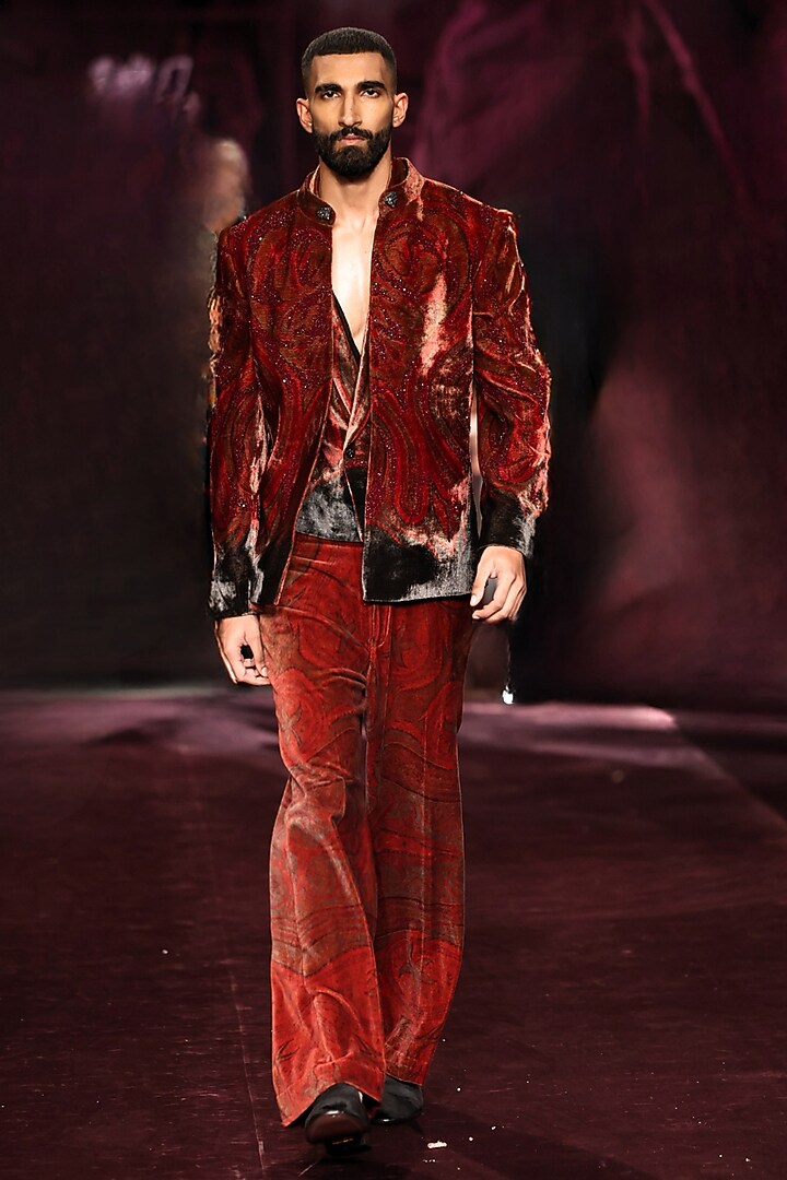 Scarlet Silk Velvet Printed Open Jacket Set by Dolly J MAN at Pernia's Pop Up Shop