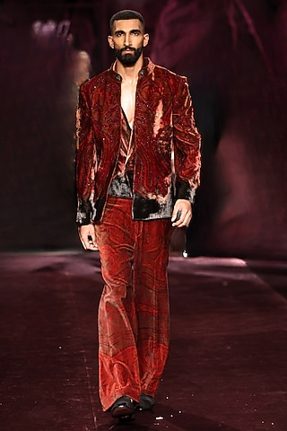 Scarlet Silk Velvet Printed Open Jacket Set by Dolly J MAN
