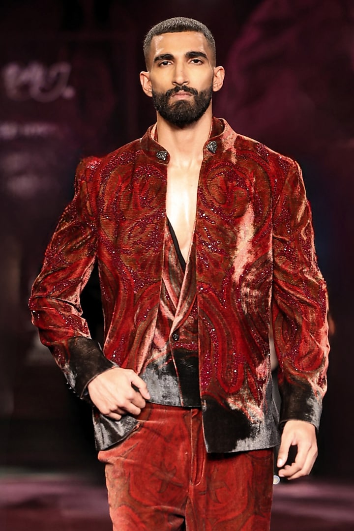 Scarlet Silk Velvet Printed Open Jacket Set by Dolly J MAN at Pernia's Pop Up Shop