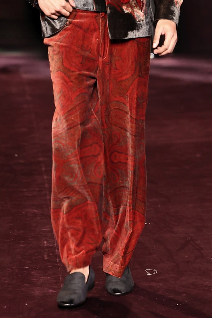 Scarlet Silk Velvet Printed Open Jacket Set by Dolly J MAN at Pernia's Pop Up Shop