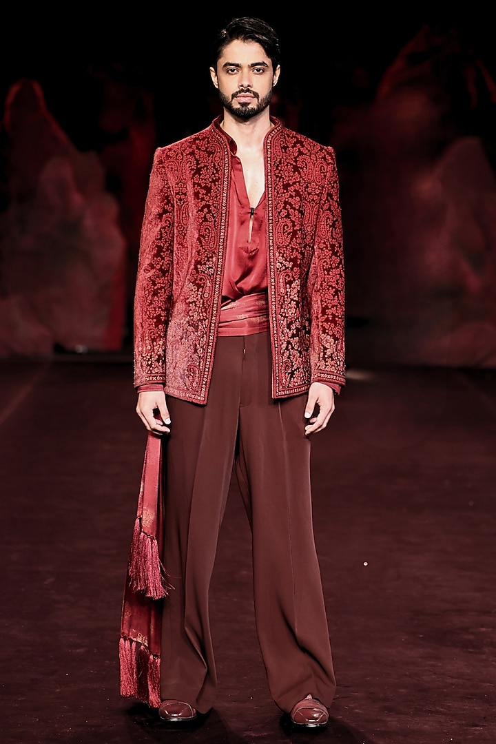 Scarlet Silk Velvet Dori Embroidered Open Jacket Set by Dolly J MAN at Pernia's Pop Up Shop