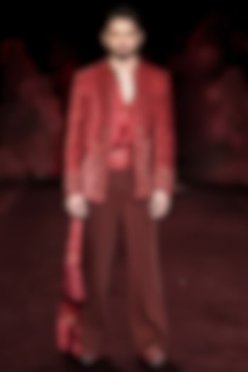 Scarlet Silk Velvet Dori Embroidered Open Jacket Set by Dolly J MAN at Pernia's Pop Up Shop