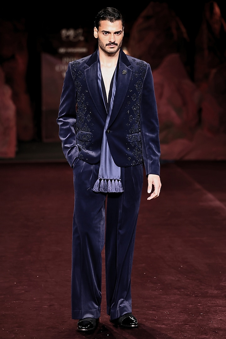Storm Blue Velvet Hand Embroidered Jacket Set by Dolly J MAN at Pernia's Pop Up Shop