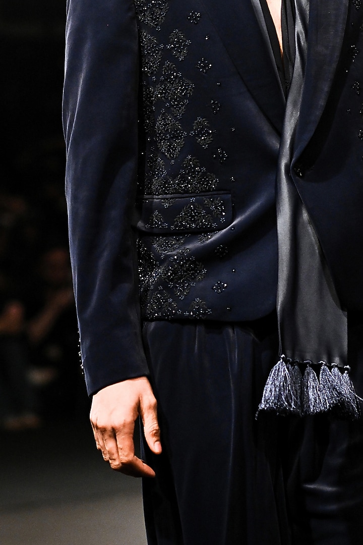 Storm Blue Velvet Hand Embroidered Jacket Set by Dolly J MAN at Pernia's Pop Up Shop