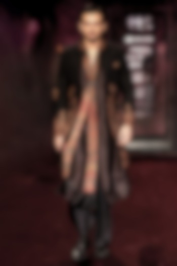 Noir-Color Handloom Raw Silk Kashida Embroidered Open Achkan Set by Dolly J MAN at Pernia's Pop Up Shop