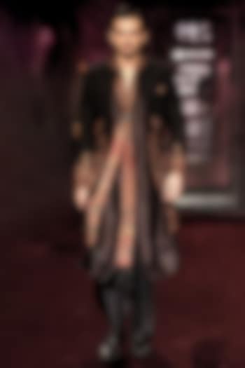 Noir-Color Handloom Raw Silk Kashida Embroidered Open Achkan Set by Dolly J MAN at Pernia's Pop Up Shop
