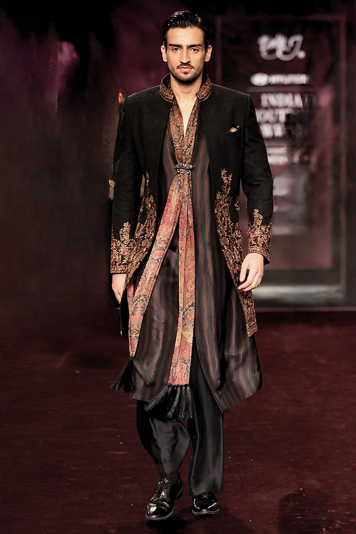 Noir-Color Handloom Raw Silk Kashida Embroidered Open Achkan Set by Dolly J MAN at Pernia's Pop Up Shop